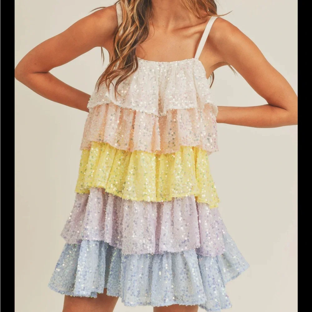 MABLE MARIAM MINI DRESS sequins ruffles sparkly size Small pink yellow pastel - Picture 14 of 15